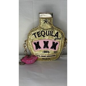 Sam Forever Gold Glitter Tequila Bottle Novelty Crossbody Bag Rhinestone Lips